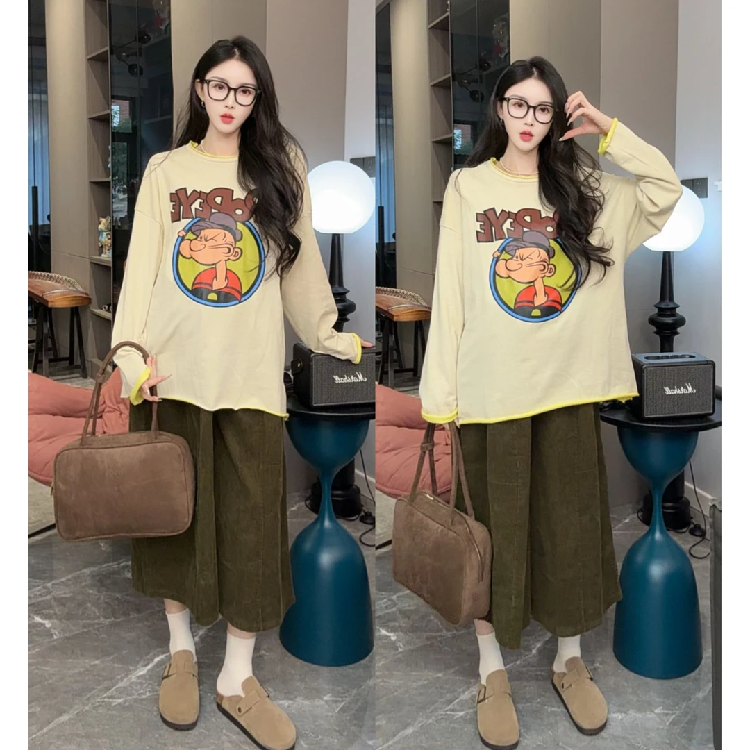 2025时尚韩系减龄拼色卡通加厚卫衣套头上衣灯芯绒八分裤子套装女