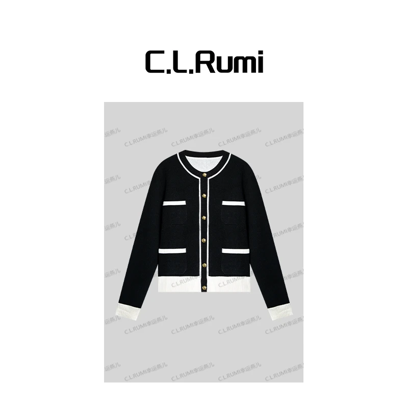 【Rumi精选】“胭脂海棠”秋冬羊绒羊毛撞色经典小香针织开衫7249ks