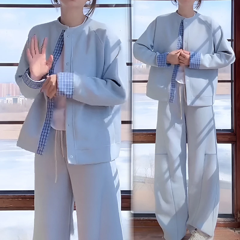 运动休闲格子拼接外套阔腿裤套装女2025春秋新款时尚显瘦两件套