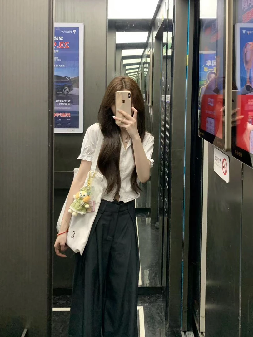 法式木耳边泡泡袖翻领衬衫女2025新款夏季甜美收腰阔腿休闲裤套装