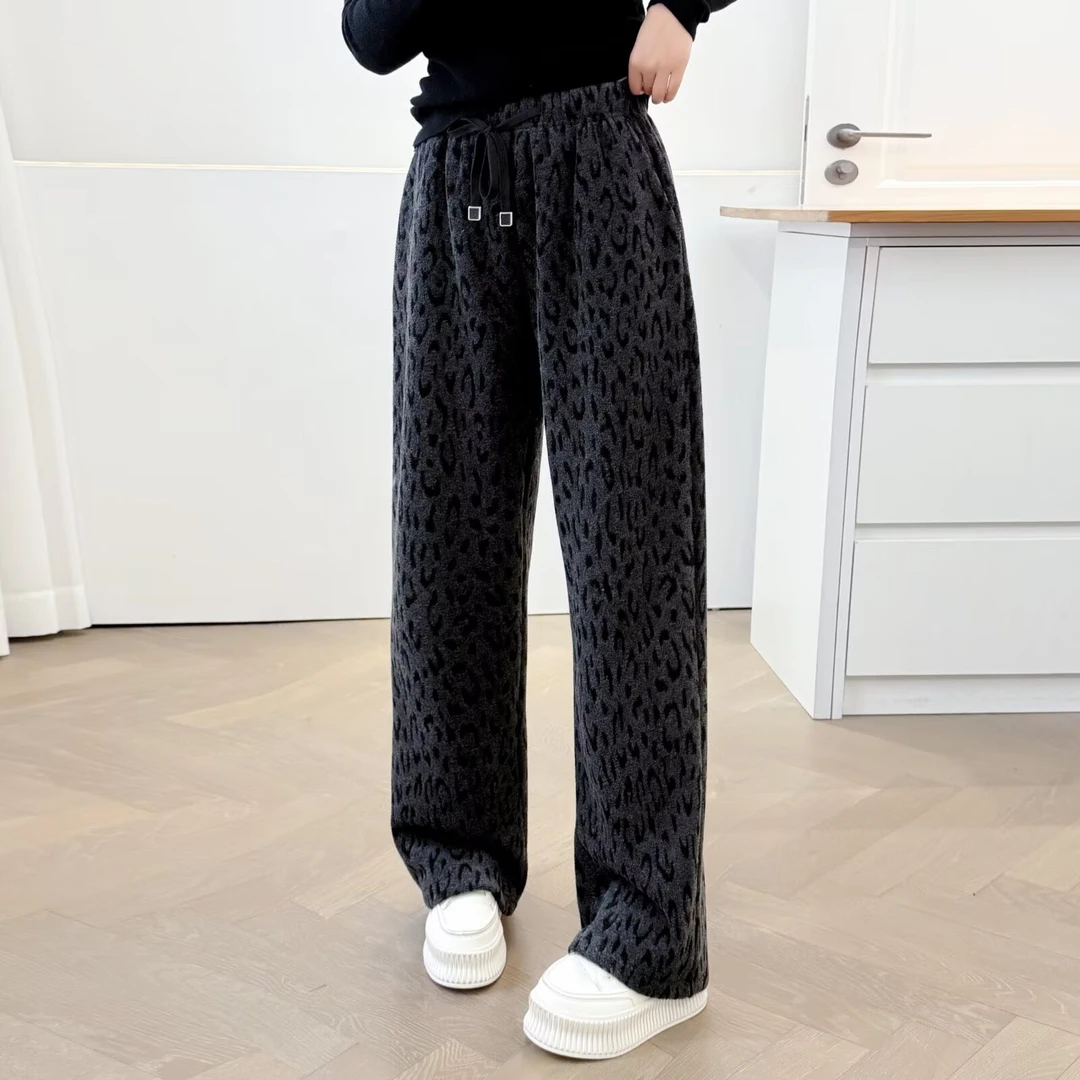 大码高腰秋冬阔腿裤提花豹纹休闲裤外穿时尚冬季加绒6220