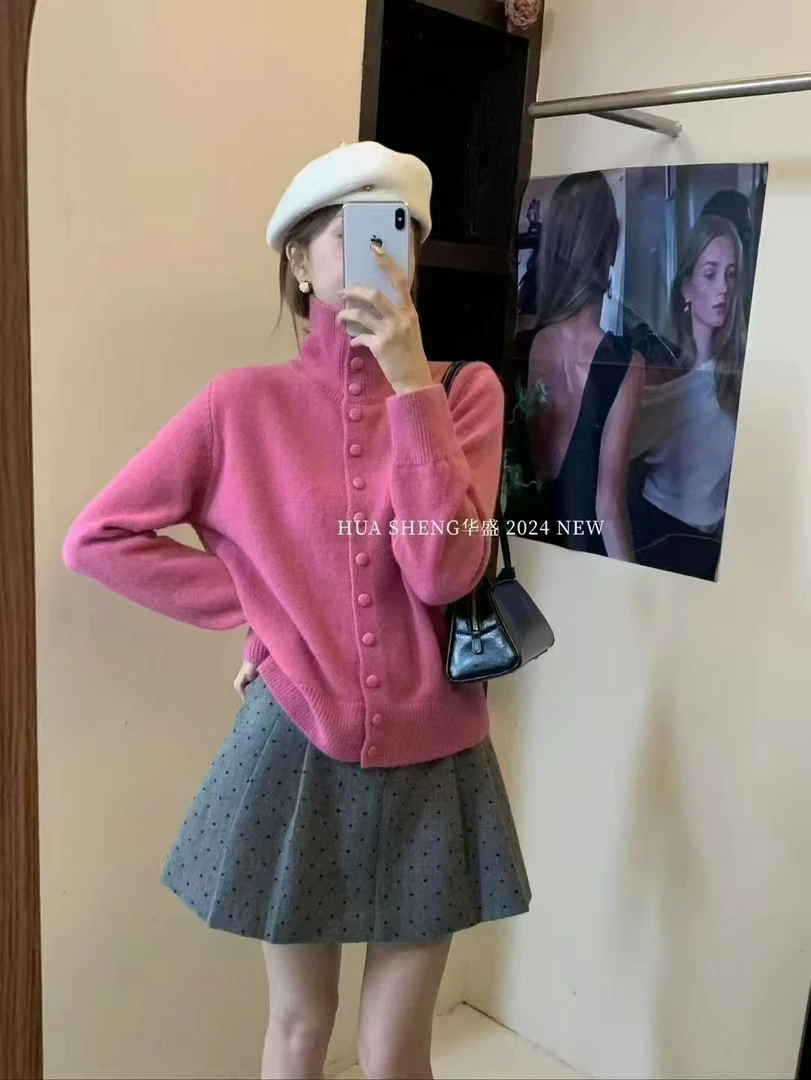 【退运补】温柔风高领单排扣软糯毛衣开衫女秋冬韩系开衫