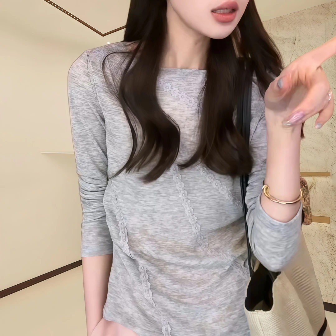 新款”交织花“简约时尚打底衫显瘦长袖针织百搭夏季不规则上衣