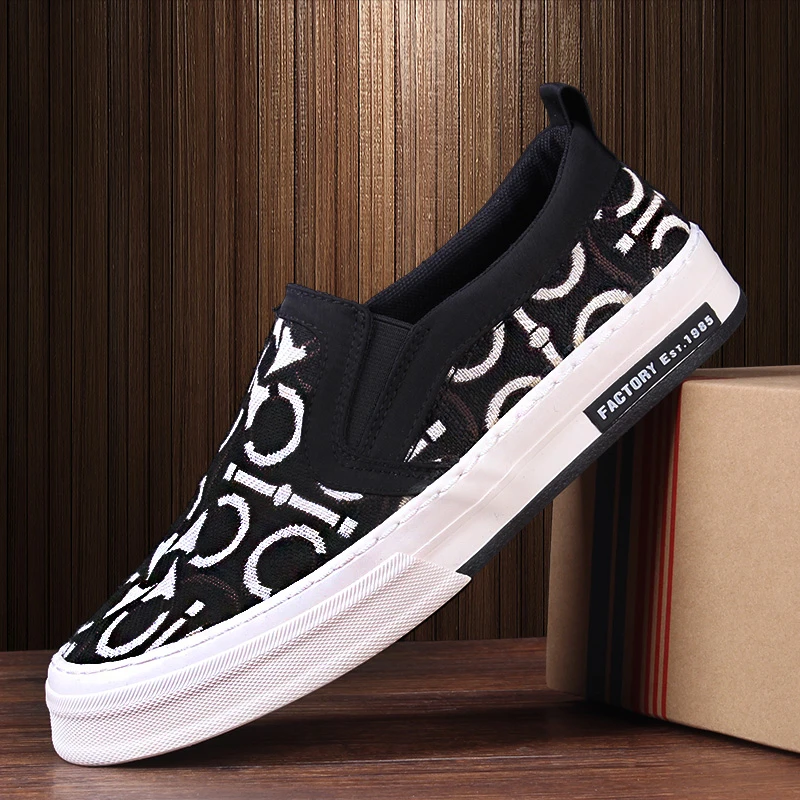 25163 男士春季新款一脚蹬低帮平底懒人鞋潮流百搭印花男鞋