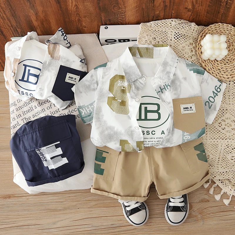 夏季短袖衬衫套装男童洋气时尚宝宝衣服男童三件套