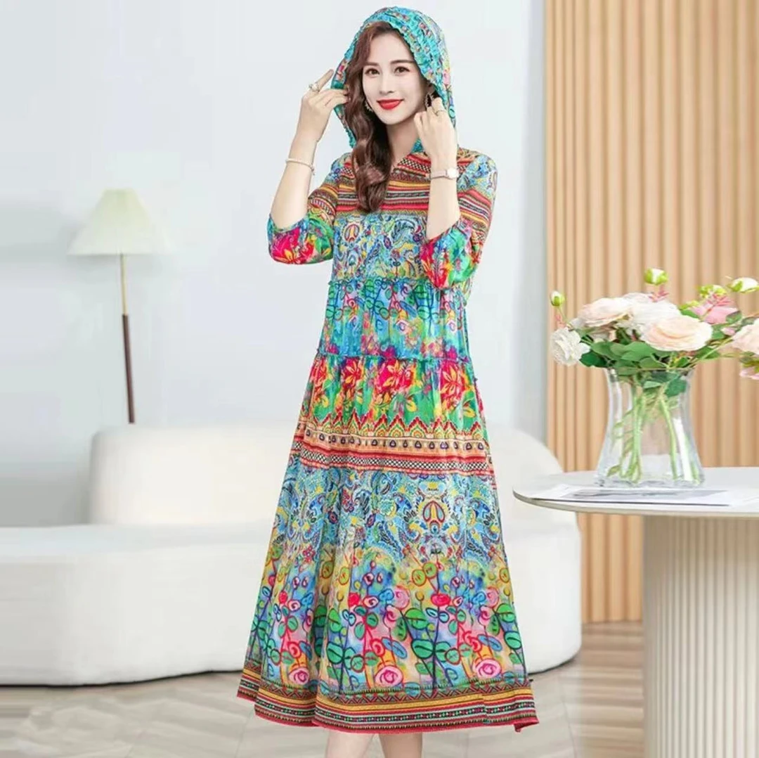 P-H-7185新款民族风定位花连帽休闲百搭宽松显瘦连衣裙