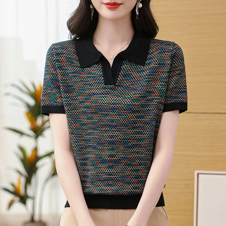 冰丝针织翻领短袖t恤女2025夏季气质polo领洋气宽松大码休闲上衣2