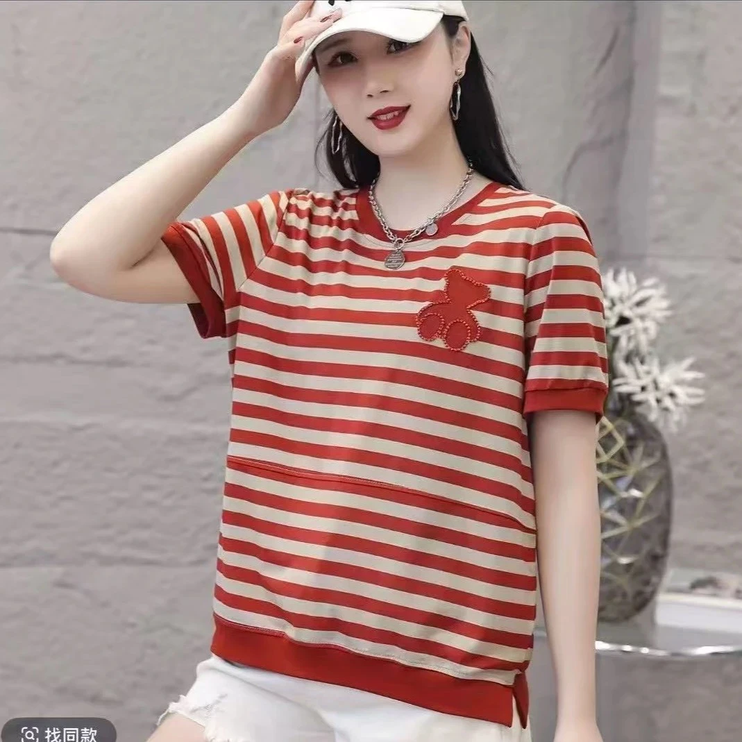 夏季新款时尚百搭休闲圆领条纹T恤女士宽松气质显瘦韩版短袖上衣