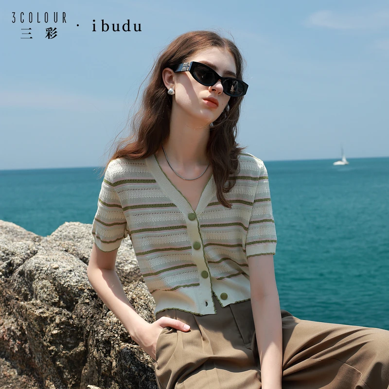 三彩ibudu2025夏季镂空条纹针织衫V领毛衫短款轻薄开衫短袖女0752