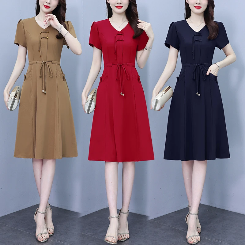 高贵新中式连衣裙2025新款夏季大码气质中长款收腰显瘦中年妈妈裙