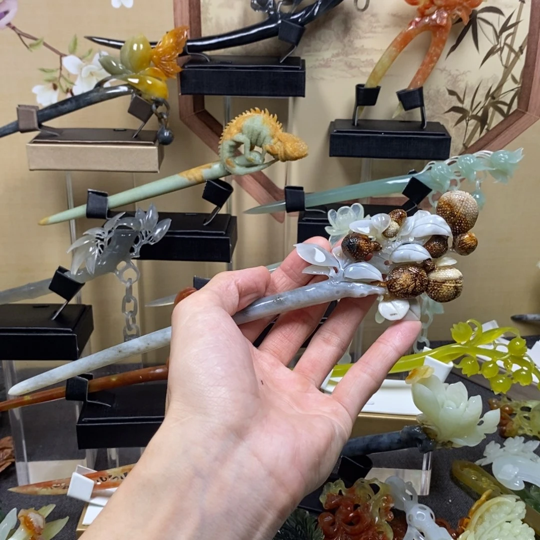 蛇纹石玉发饰未镶嵌花玉首单福利款