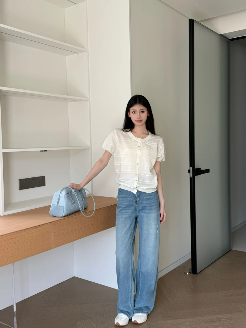 韩系甜美时尚气质肌理感短袖开衫2025夏新款