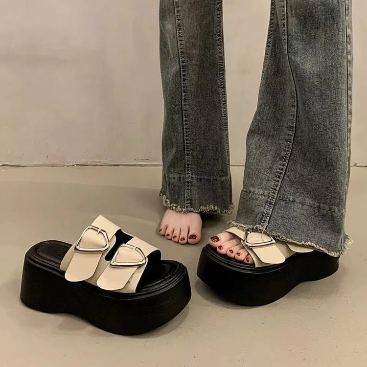松糕底拖鞋网红坡跟夹趾交叉ins防滑厚底小众橡胶网红夏季凉拖