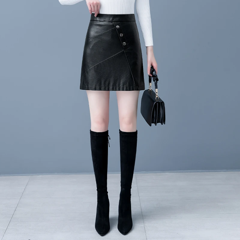 拉夏贝尔皮半身裙女2025年秋冬季新款时尚高腰a字短裙一步包臀裙