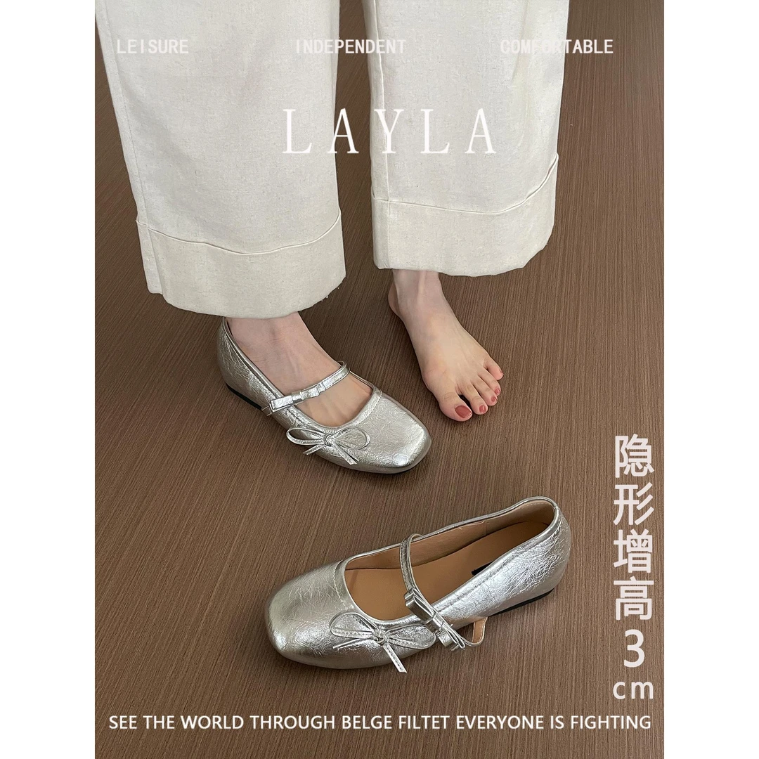 内增高潮牌银色玛丽珍鞋时尚女鞋2025春秋新款仙女风蝴蝶结一字带