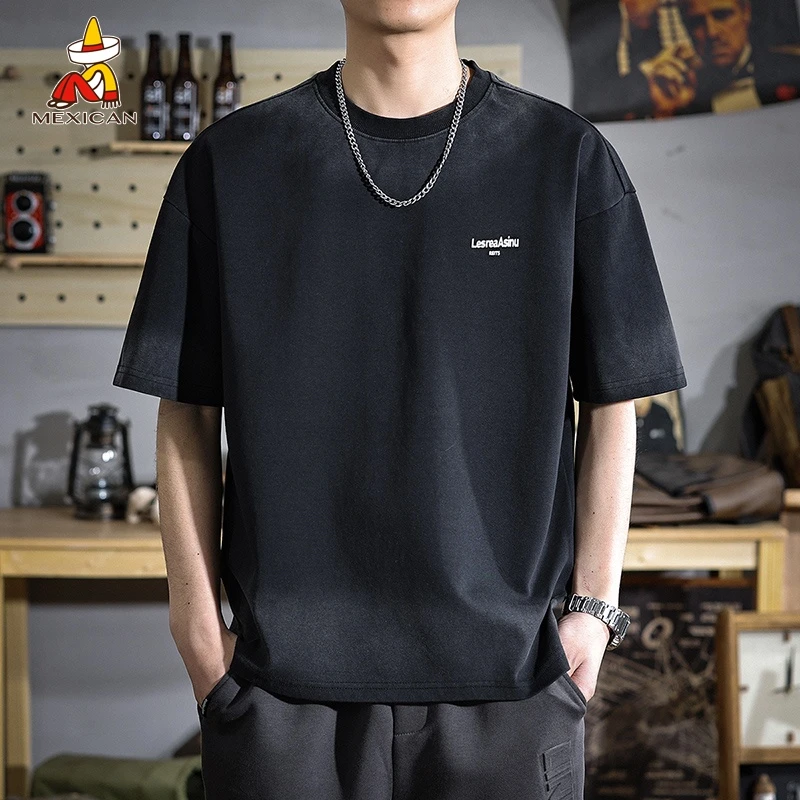 Mexican/稻草人夏季重磅t恤男短袖美式潮流宽松男士印花半袖体恤