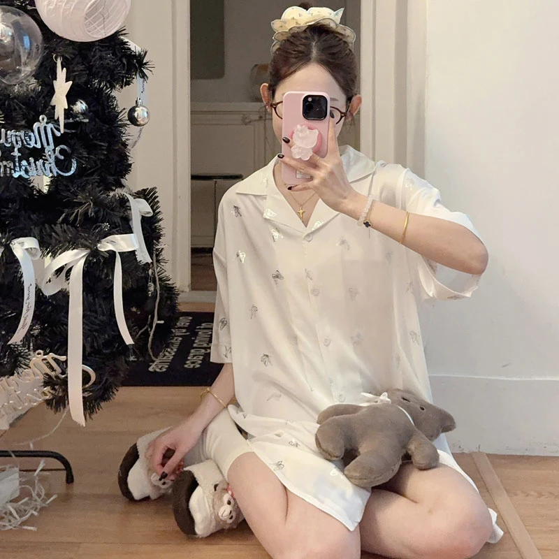 冰丝睡裙女夏季睡衣烫银蝴蝶结性感纯欲衬衫领裙子开衫薄款家居服