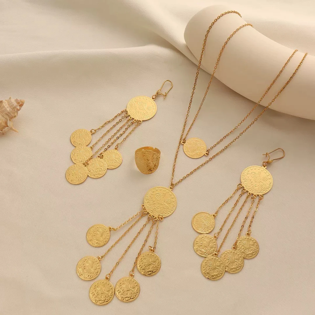 铜合金合成锆石吊坠 Xyaner徽章硬币吊坠流苏项链2025新款四件套