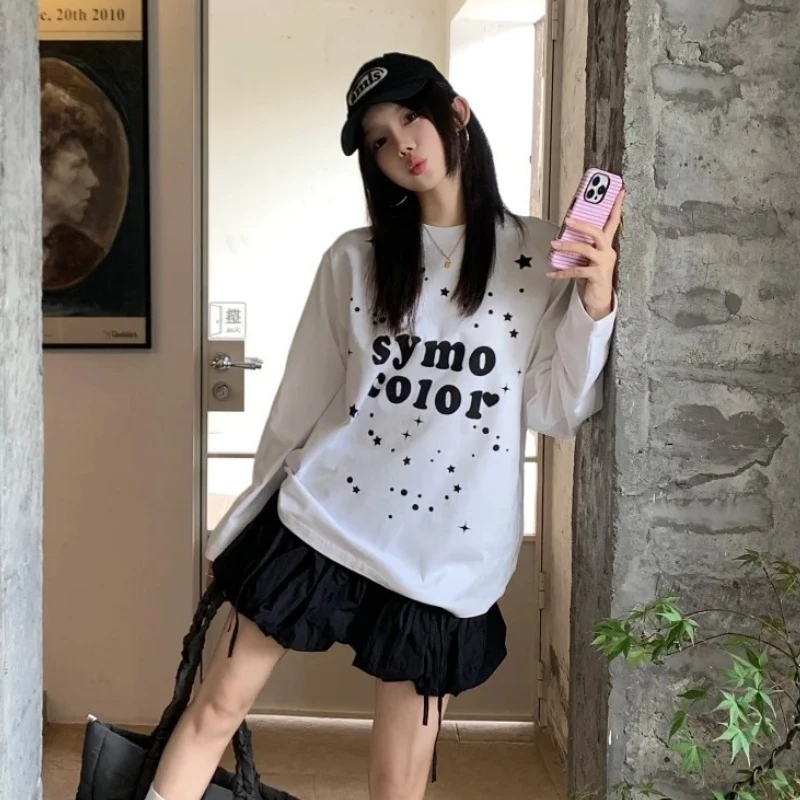 长袖精梳纯棉T恤女2025早秋新款长袖星星字母印花宽松休闲上衣ins
