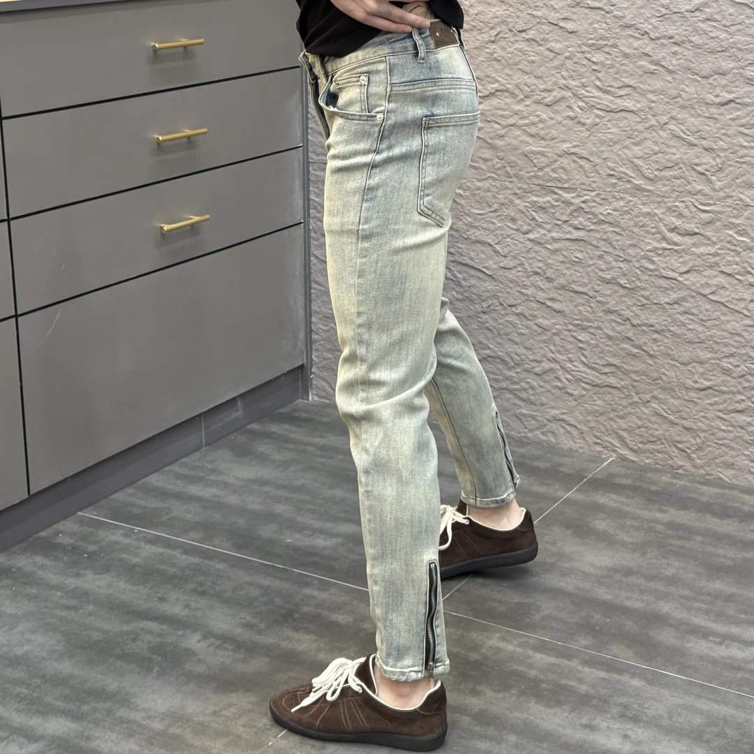 2025春季新款时尚休闲百搭薄款裤脚拉链男士小脚九分牛仔裤Xz36