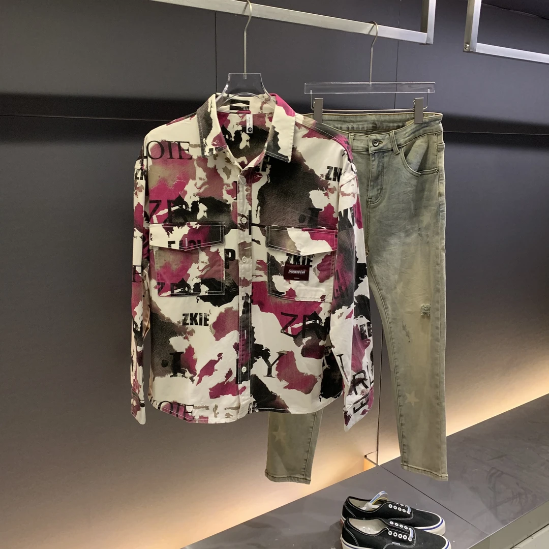 新款男潮流高级感微宽松爆款扎染长袖衬衫单件新款