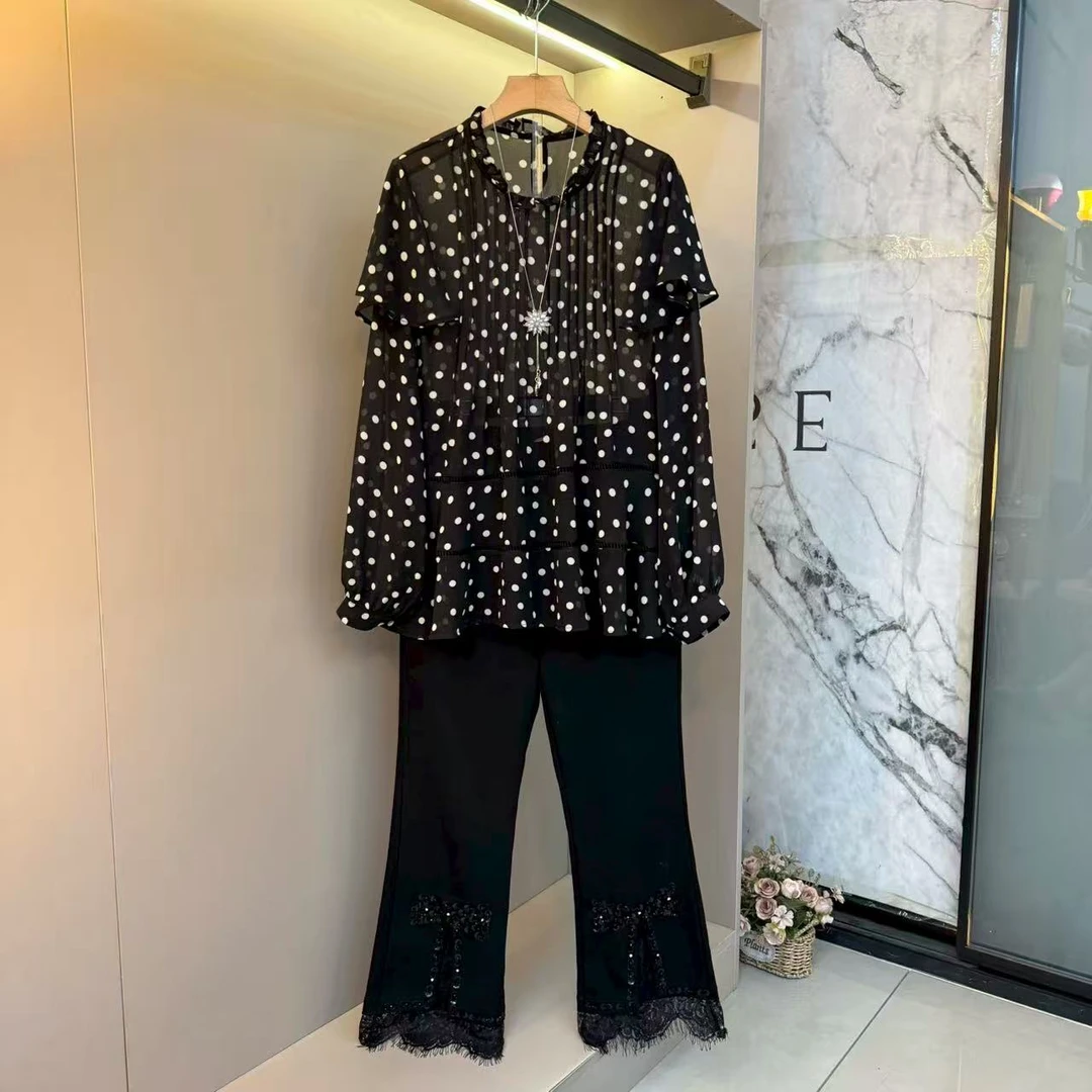 秋季女装时髦雪纺飞飞袖上衣+高腰拼接蕾丝亮片裤子两件套9138