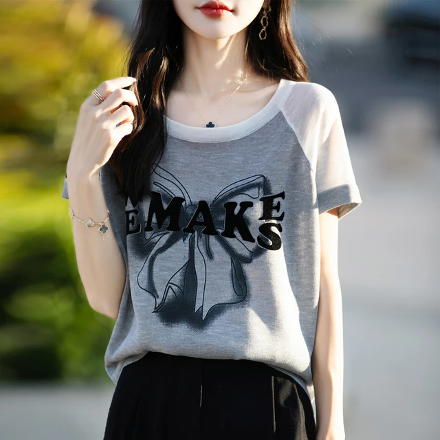 夏季新款竹节麻蝴蝶结印花拼色时尚冰丝短袖上衣宽松洋气半袖打底