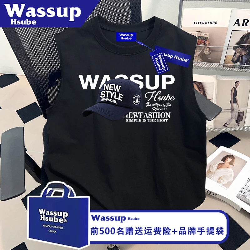 WASSUP休闲百搭纯棉T恤男女ins黑色背心帽子印花无袖夏季小众上衣