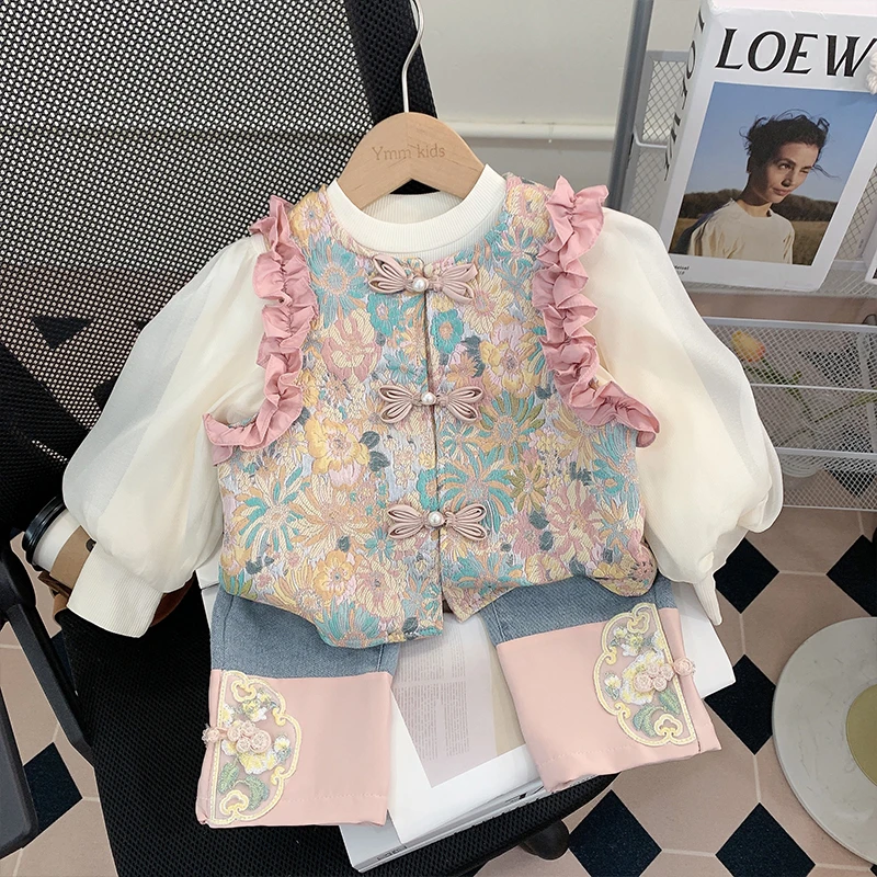 女童国风套装2025新款儿童新中式秋装马甲三件套唐装春秋宝宝衣服