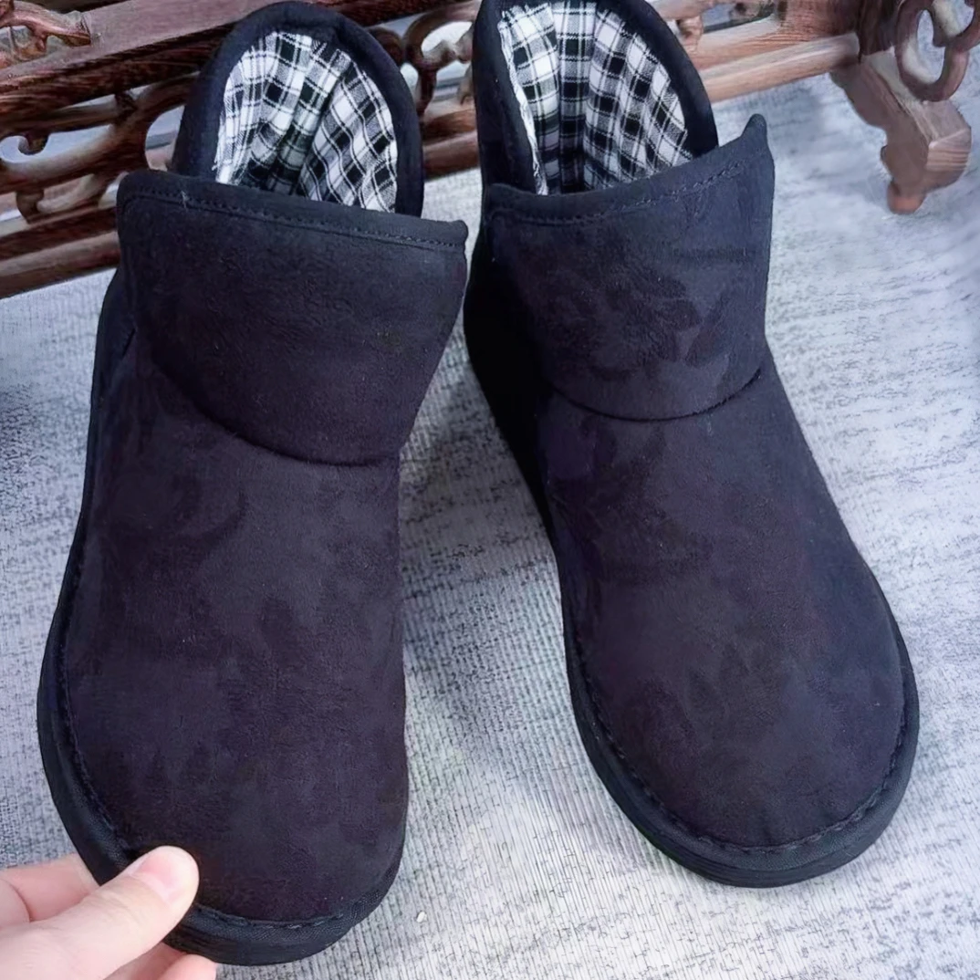 （亚麻提花款）千层底厚底棉花手工亚麻小靴子舒适保暖防滑