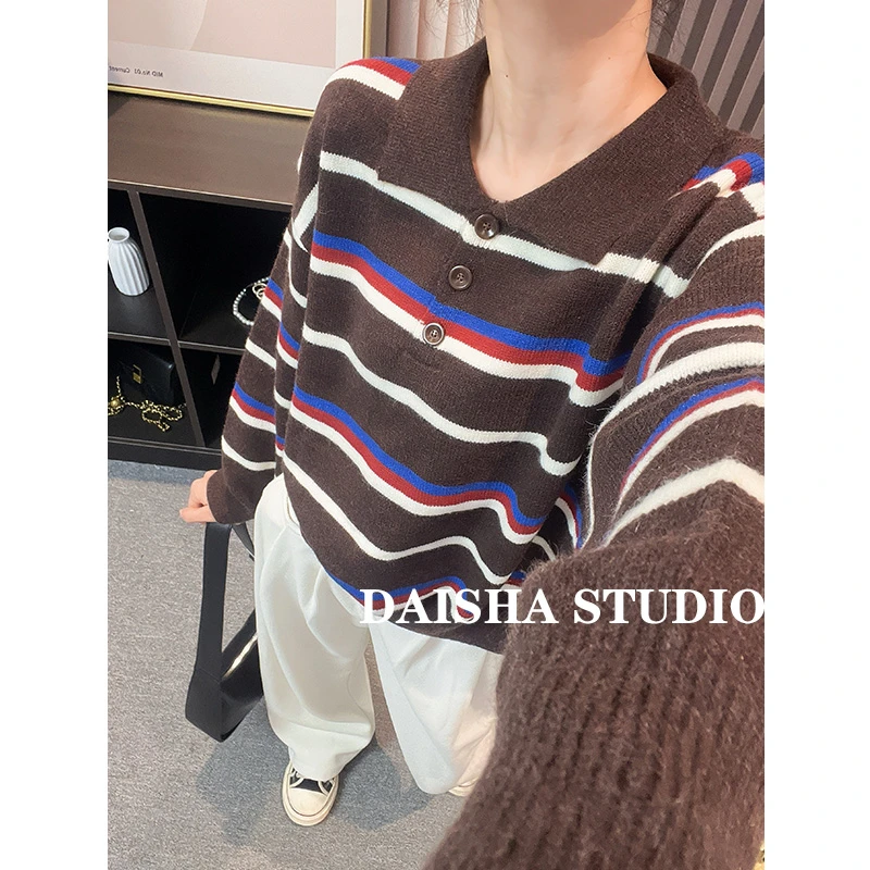 【甜栗酥】厚款复古撞色条纹Polo领套头毛衣女秋冬内搭宽松针织衫潮