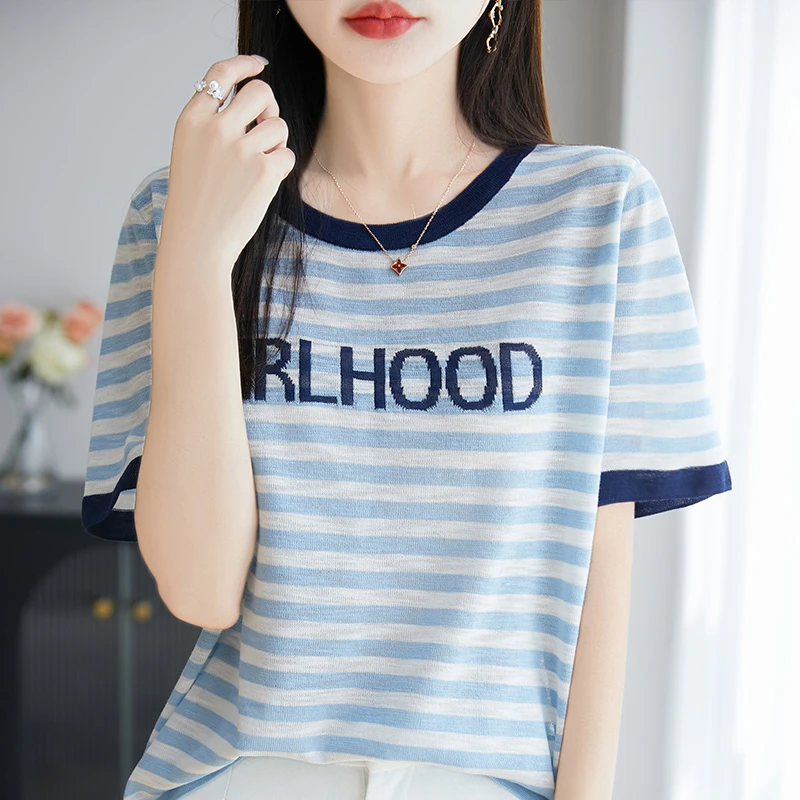 鄂尔多斯市纯100桑蚕丝短袖T恤女夏季薄款撞色字母条纹冰丝上衣女