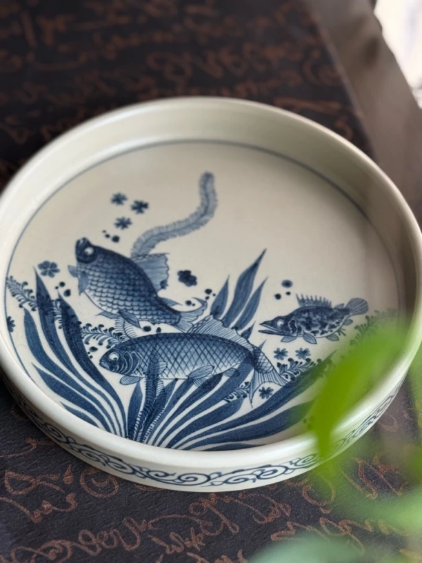 知否甄选景德镇陶瓷元青花幽蓝溪堂二号新釉鱼藻纹壶承茶具青花瓷