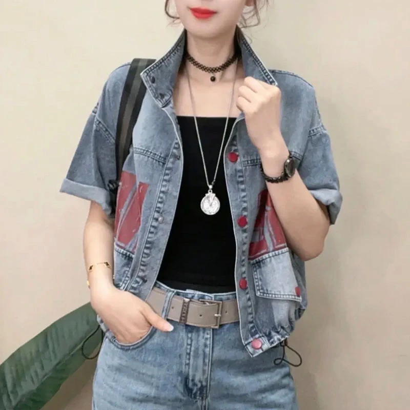 夏季短袖牛仔外套女2025新款韩版时尚字母抽绳百搭牛仔短袖外套