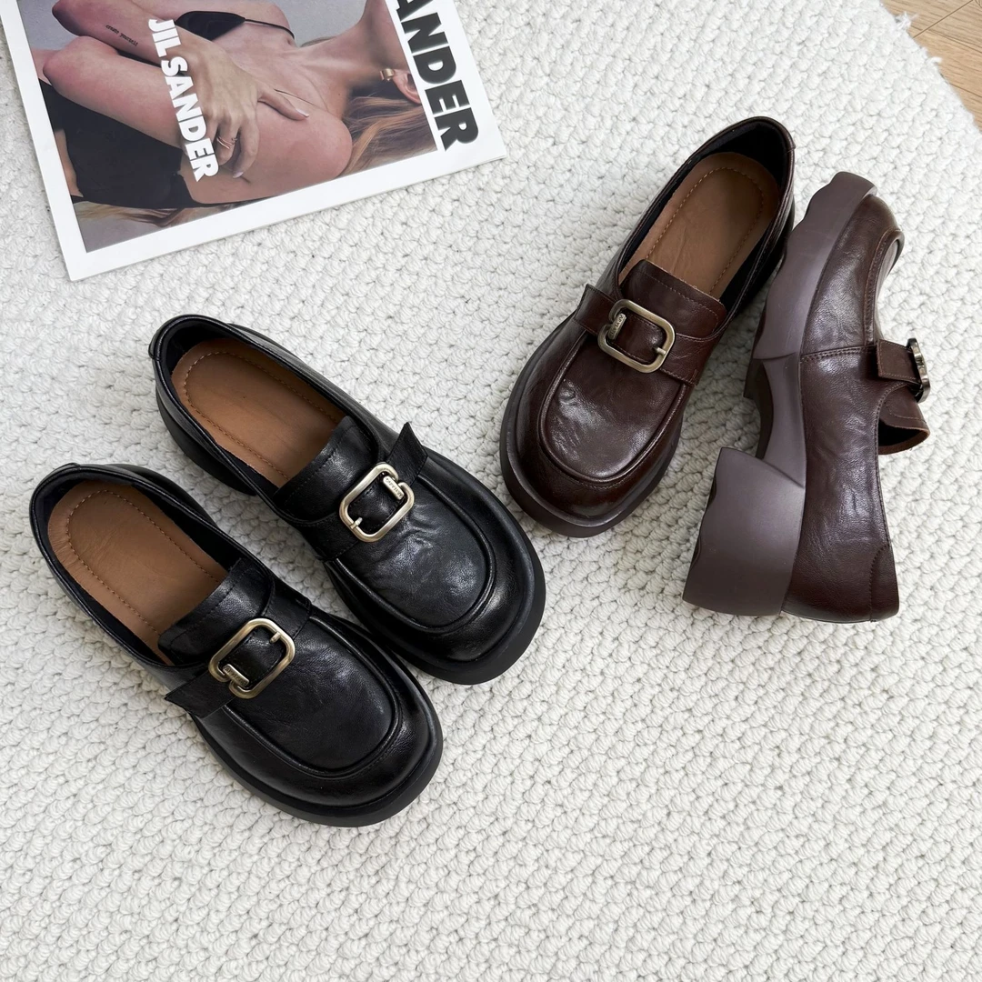 乐福鞋单鞋休闲鞋舒适复古显脚小一脚蹬软底厚底超轻牛皮25L035-2