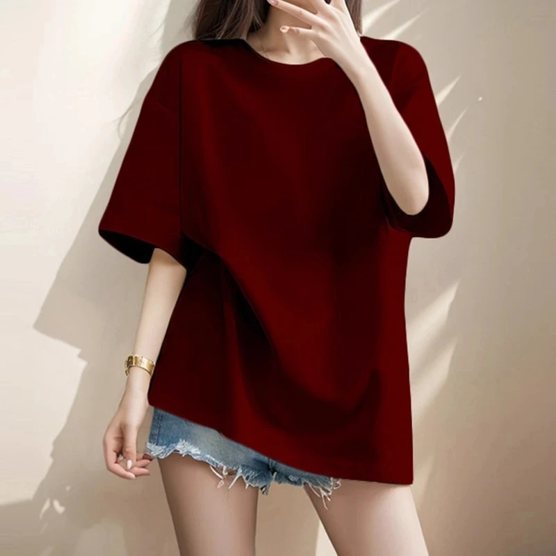 2025新款纯棉枣红色短袖T恤女韩版宽松中长款纯色半袖上衣夏季