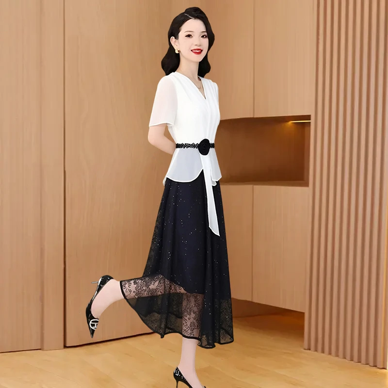 雪纺连衣裙子女夏2025新款今年流行爆款十三行高端减龄假两件套装