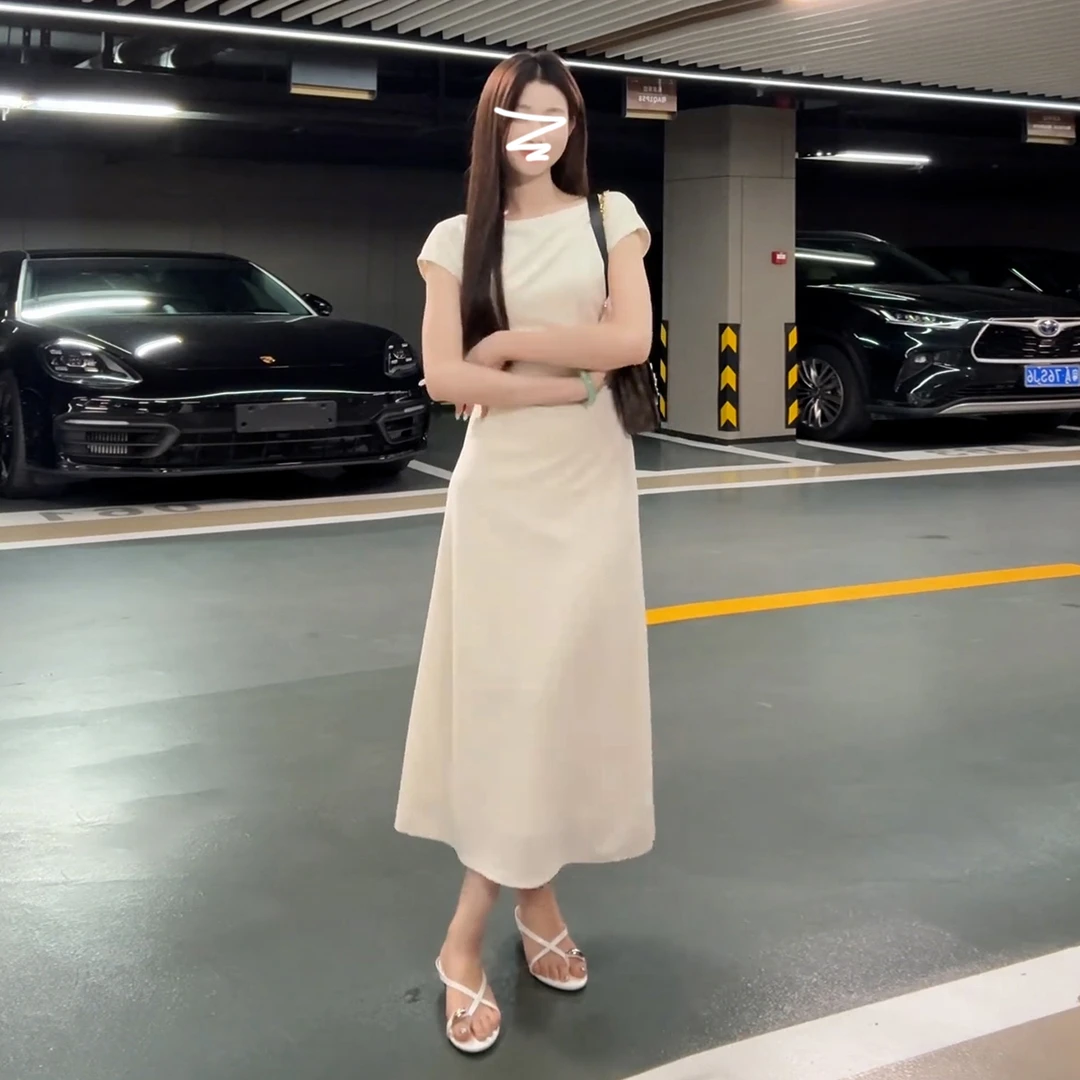 一字肩白色连衣裙子女装夏季2025新款爆款漂亮绝美掐腰长裙4487