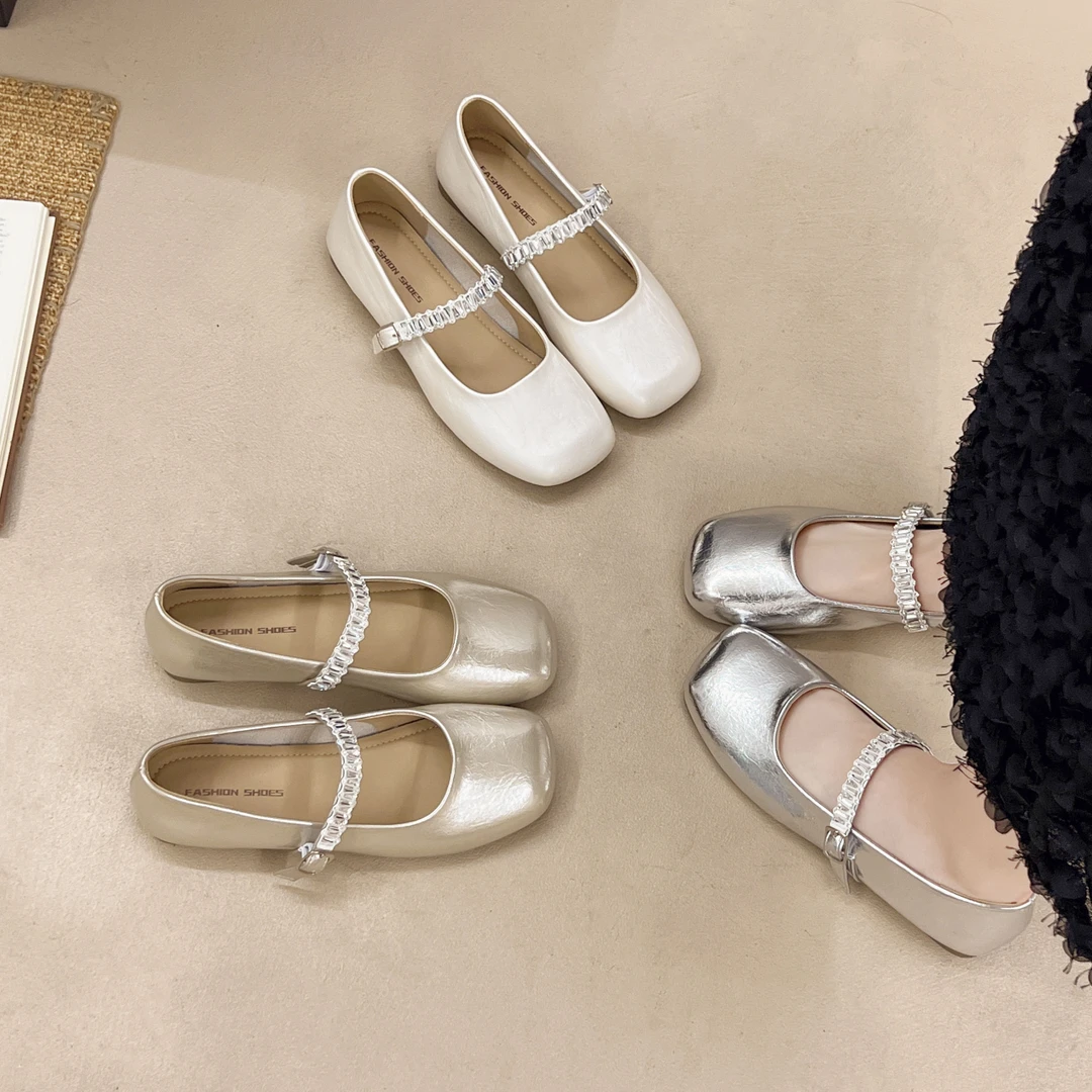 浅口方头平底玛丽珍鞋水钻单鞋鞋子夏季法式皮鞋软底温柔百搭