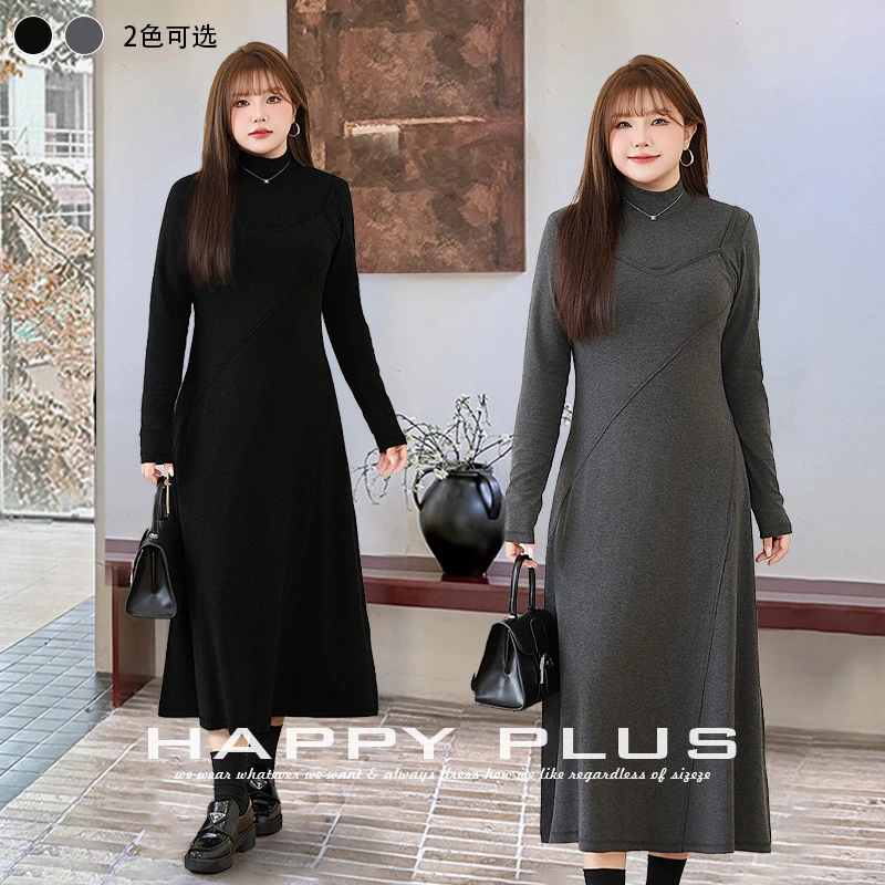 秋冬长袖针织大摆连衣裙半高领女法式设计不规则气质显瘦打底长裙