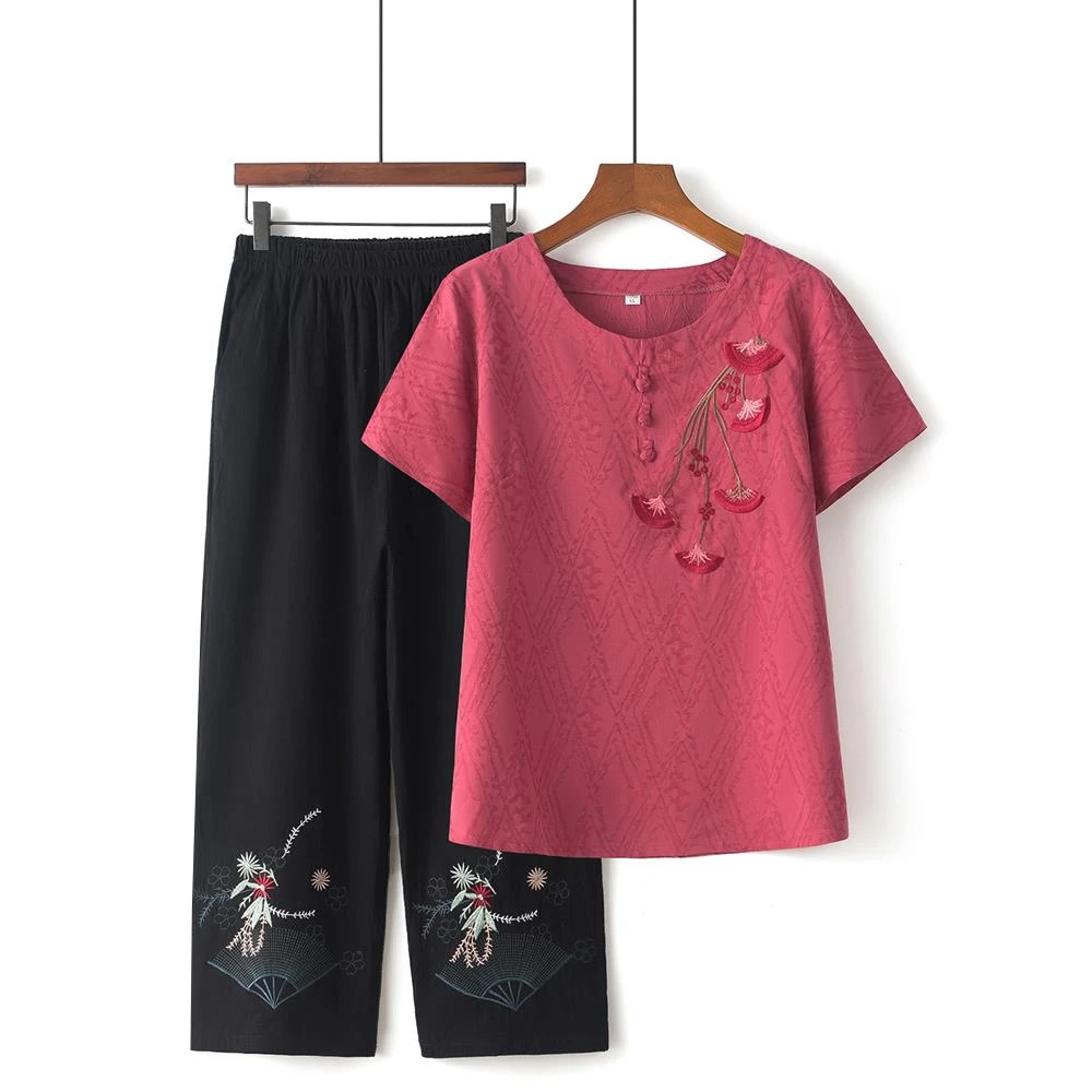 妈妈装套装夏季纯棉短袖t恤宽松中老年女两件套老人衣服奶奶夏装