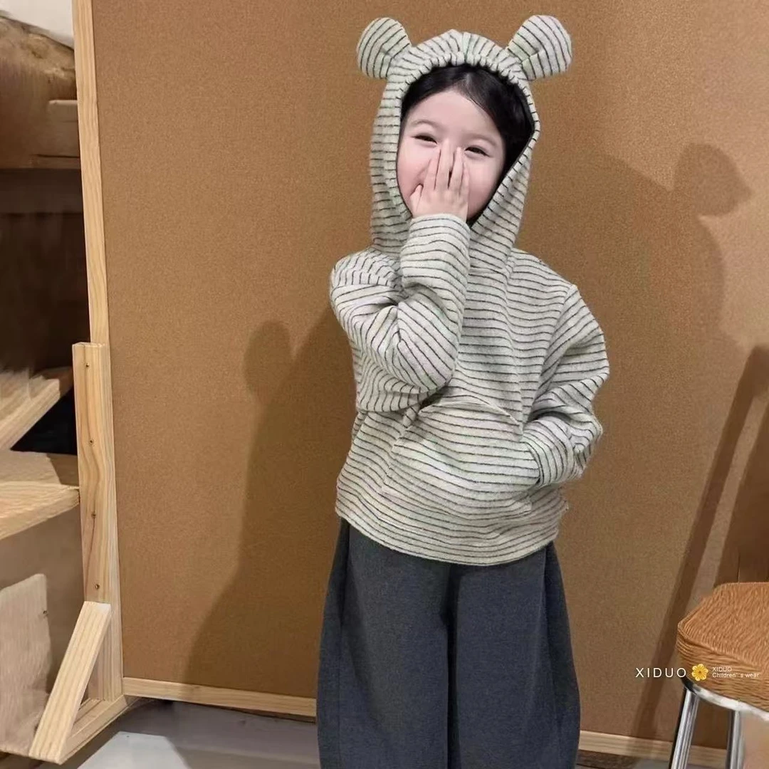 （亲子款）韩系套头格子童装毛衣条纹女熊耳女童套装秋季秋冬