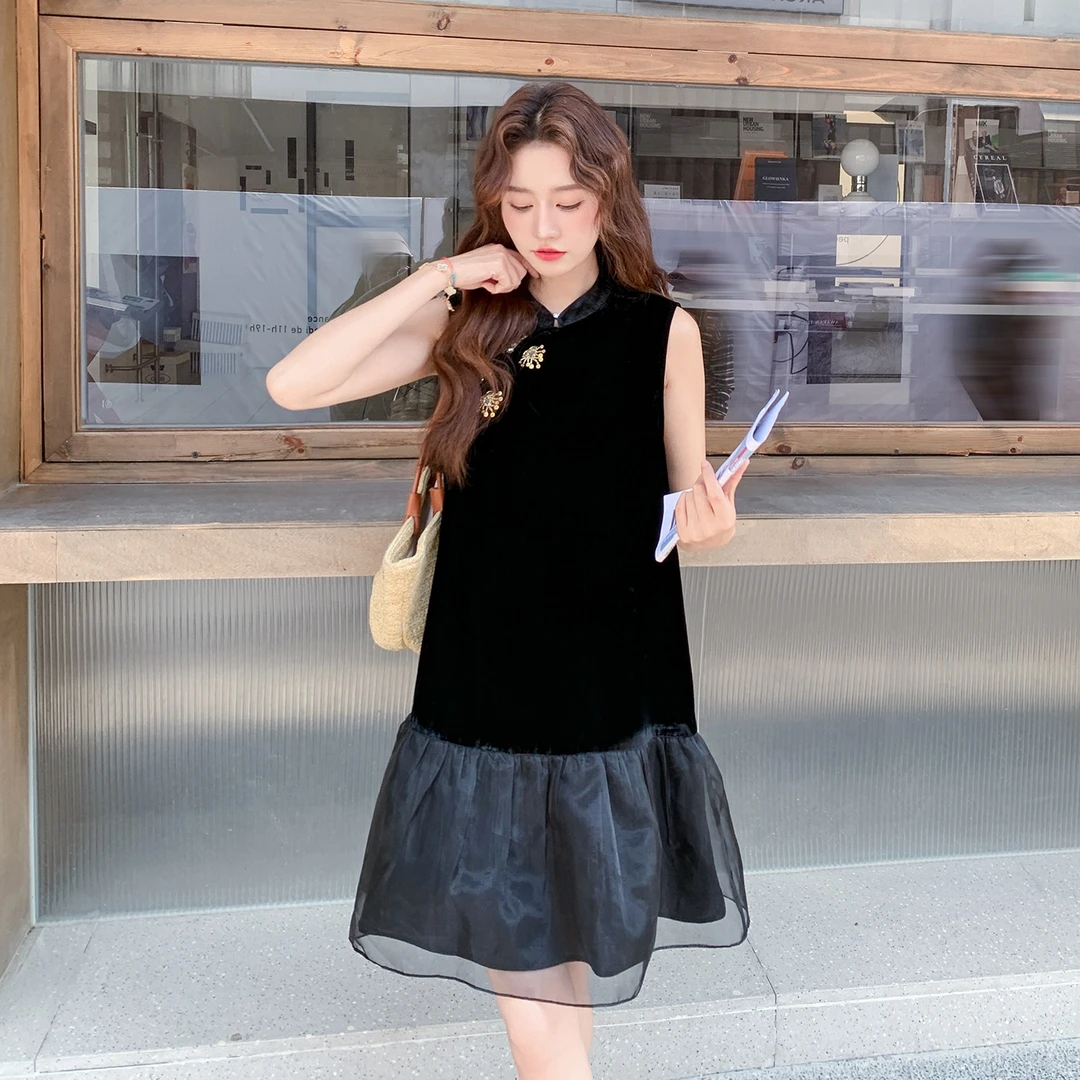 小黑裙网纱拼接改良旗袍背心裙子黑色丝绒无袖新中式连衣裙女夏季