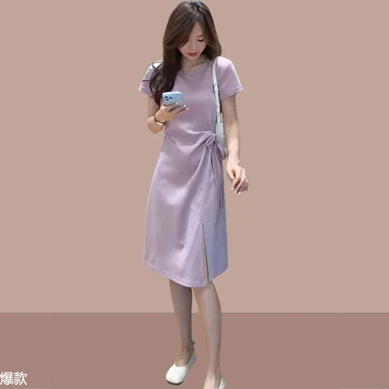 休闲法式紫色短袖恤连衣裙女2025新款夏季设计感小众收腰字裙子