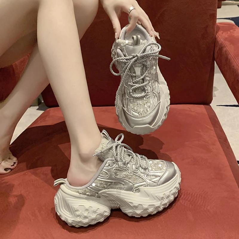 【香港专柜&CUFK】厚底老爹鞋女2025新款增高银色潮流休闲鞋透气