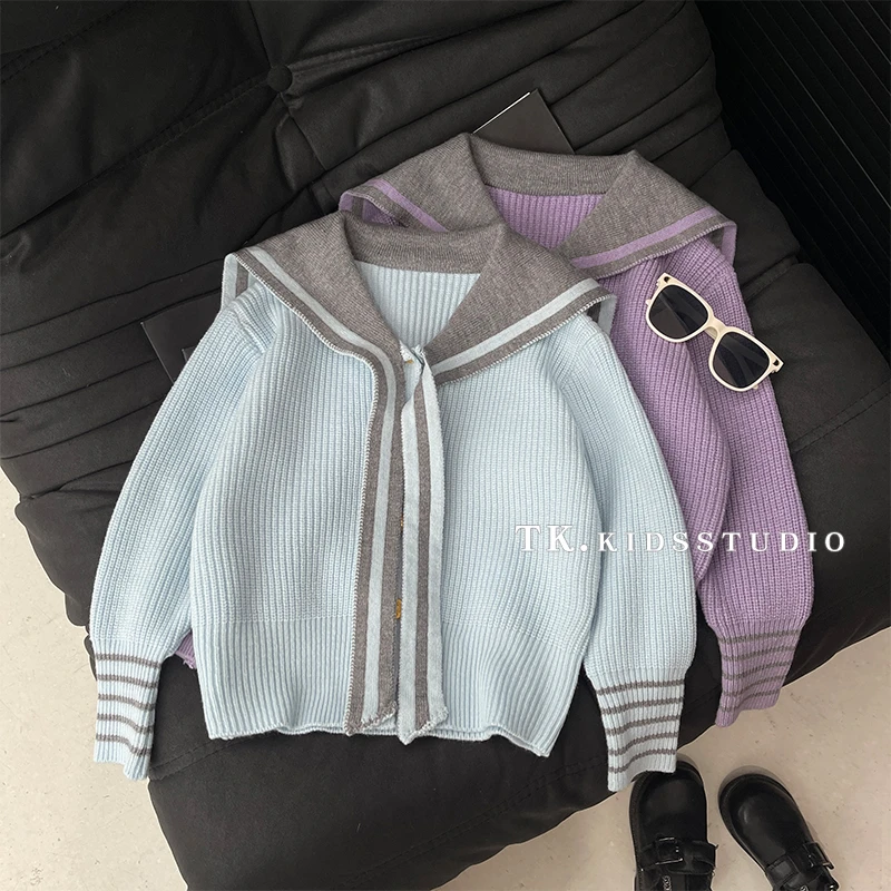 【Umi】春装儿童韩版时尚学院风撞色海军领披肩针织毛衣HCXZ4015