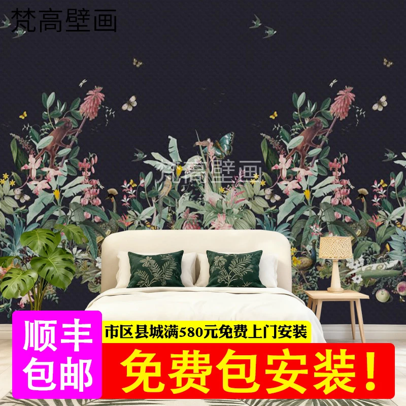 热带雨林绿植壁纸猴子东南亚餐厅墙纸背景泰式风格芭蕉叶植物壁纸