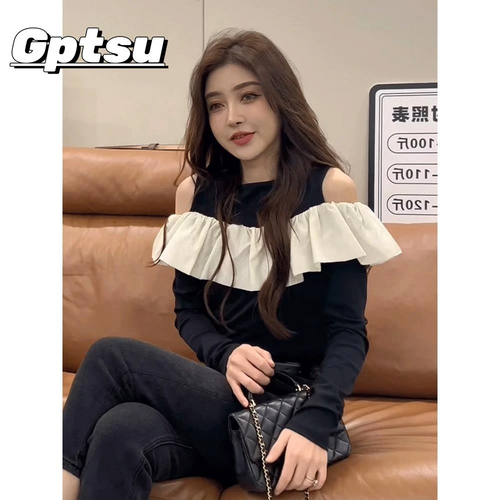 GPTSu2025早秋新款荷叶边法式衬衫女设计感小众修身长袖衬衣上衣