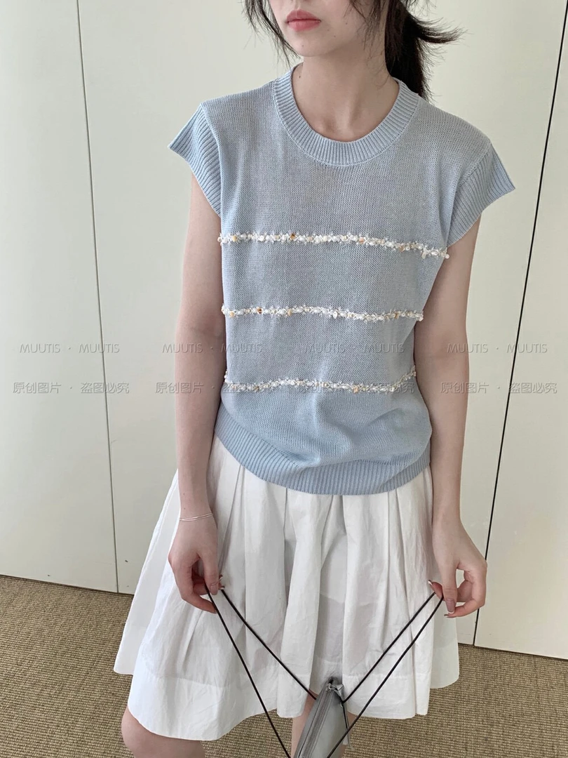 圆领夏季植绒宽松型条纹毛针织衫短款宽松日奢风美式