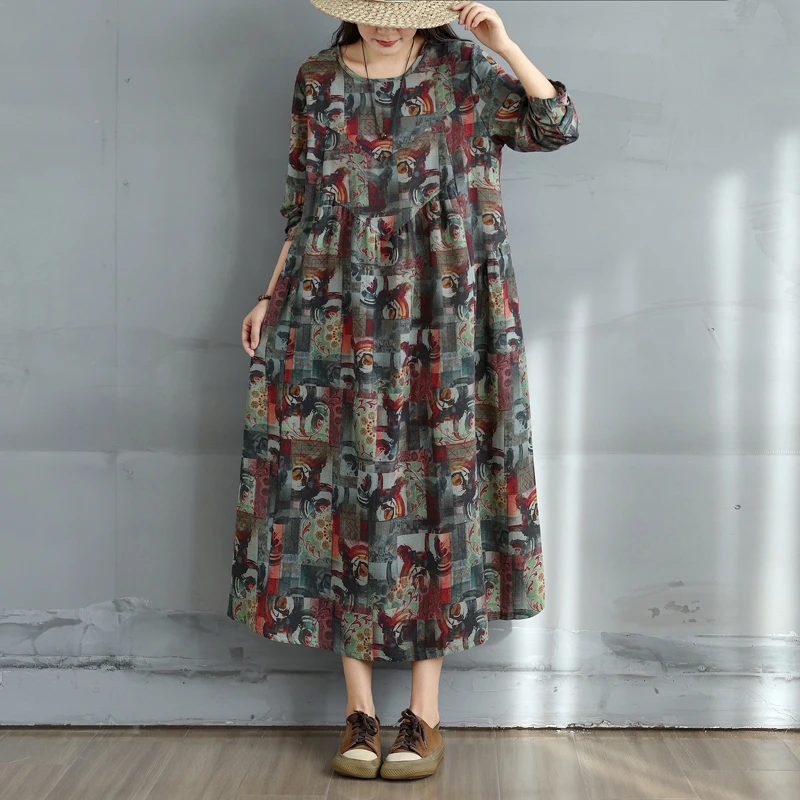 民族风复古时尚棉麻印花圆领长袖连衣裙女宽松显瘦拼接花色A字裙